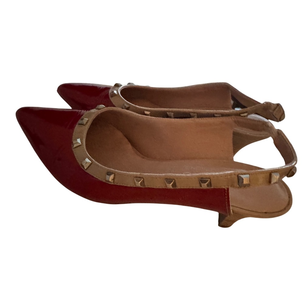 Dorking by Fluchos Red Patent‎ Leather Studded Slingback Kitten Heels Spain 39